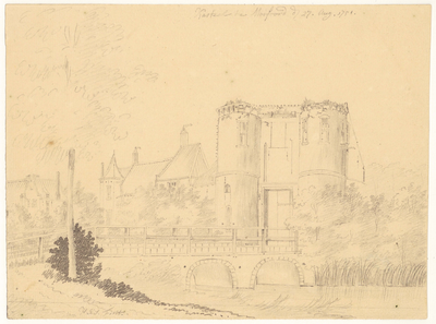 202765 Gezicht op het kasteel Montfoort te Montfoort, met rechts de voorpoort.N.B. De tekening is mogelijk vervaardigd ...